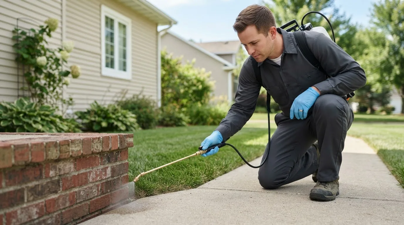 Pest control technician treating a home near South Hamilton, MA