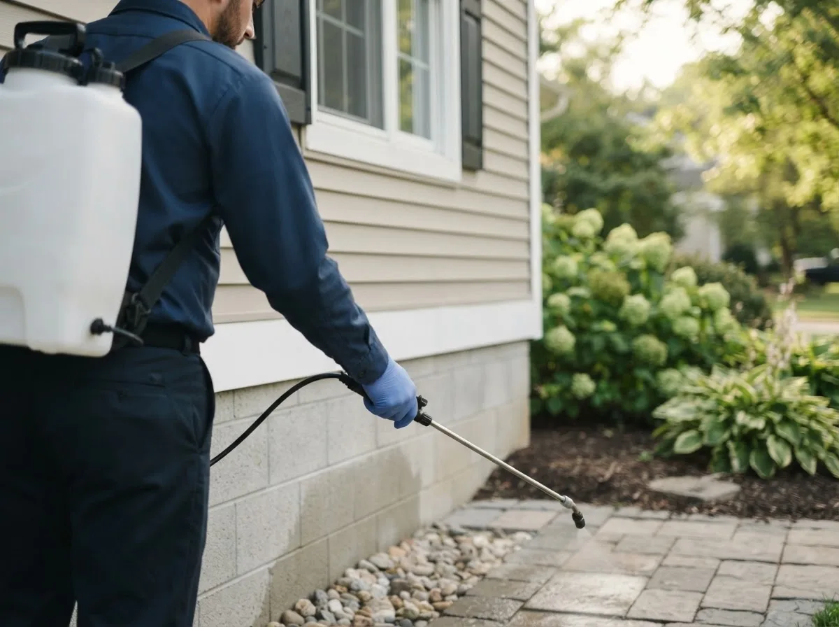 Pest control technician inspecting a home in South Hamilton, MA